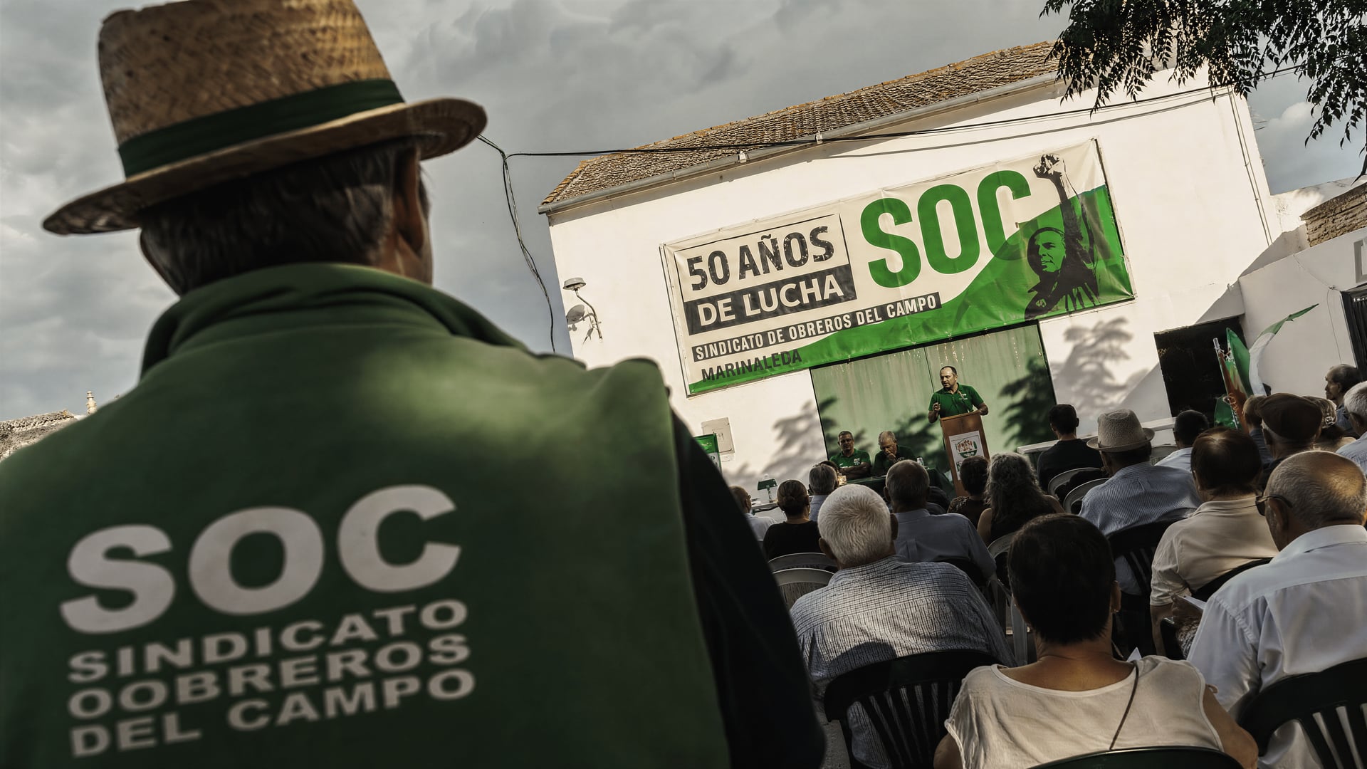 Farmworkers in Marinaleda meeting for the Sindicato de Obreros del Campo’s 50th anniversary