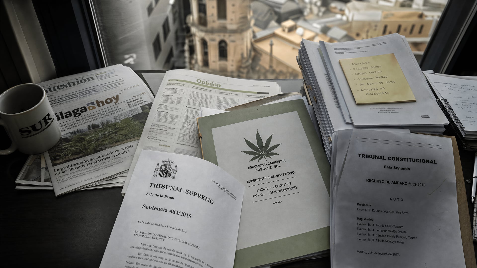 Spanish cannabis-club legal documents and court files arranged on a Málaga newsroom desk